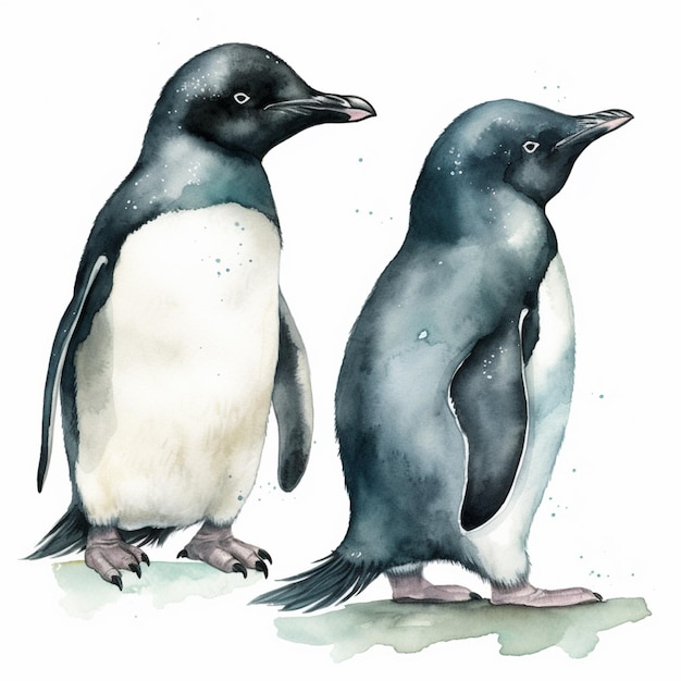 There are two penguins standing next to each other on a white surface generative ai