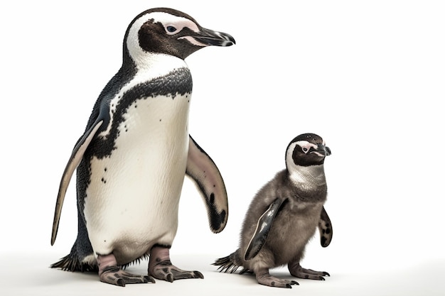 There are two penguins standing next to each other on a white surface generative ai