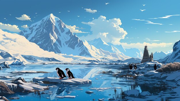 There are two penguins standing on the rocks near the water generative ai