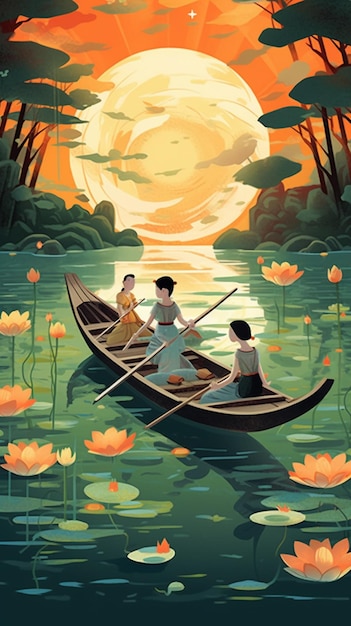 Два человека в лодке на воде с цветами генеративный ай