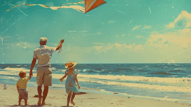 there are two people and a child flying a kite on the beach generative ai