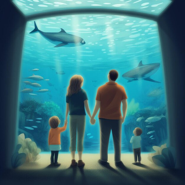 There are two people and a child looking at a fish tank generative ai