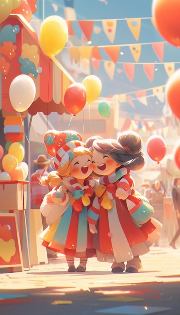 There are two people dressed in clown costumes standing in front of a carnival generative ai