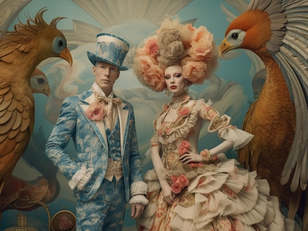 There are two people dressed in fancy clothing and a bird generative ai