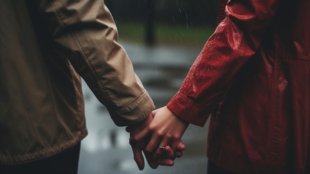 Фото Два человека держатся за руки под дождем.