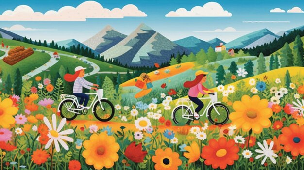 There are two people riding bikes in a field of flowers generative ai