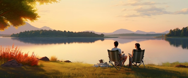 there are two people sitting on chairs near a lake at sunset generative ai