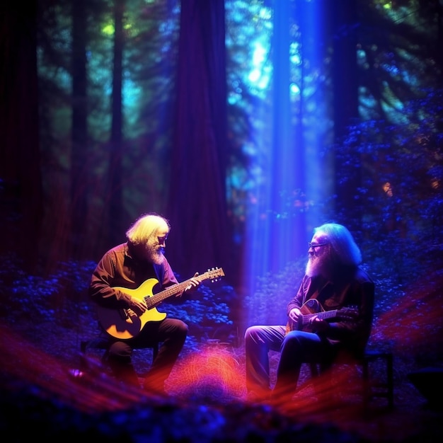 There are two people sitting in a forest playing guitars generative ai