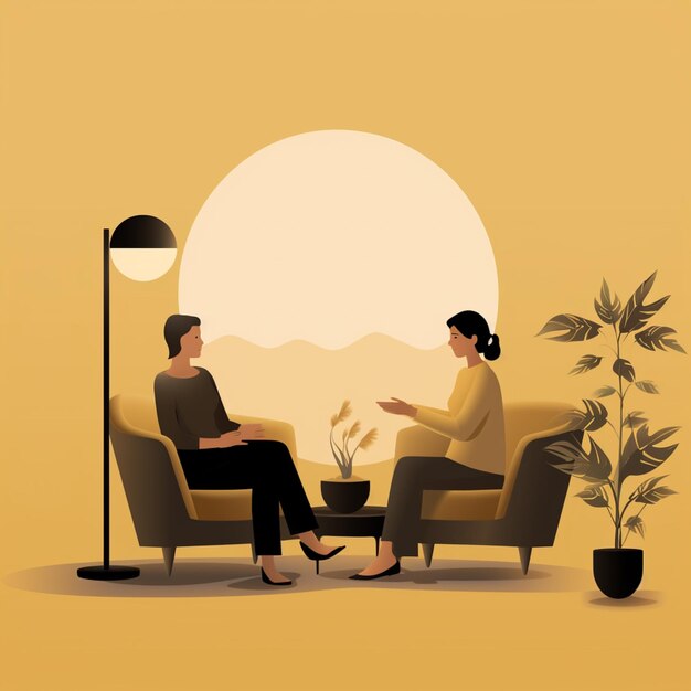 Фото Есть два человека, сидящих на диване и разговаривающих друг с другом.