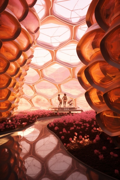 there are two people standing in a flower garden under a large dome generative ai