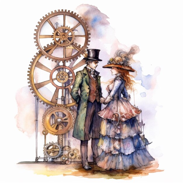 There are two people standing next to a large clock generative ai