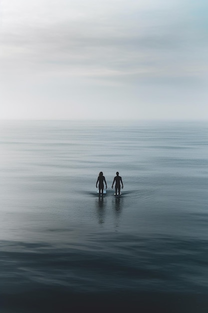 水の中に手を繋いで立っている二人の人間がいる 生成ai