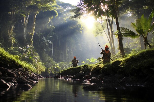 There are two people standing in the water with a rifle generative ai