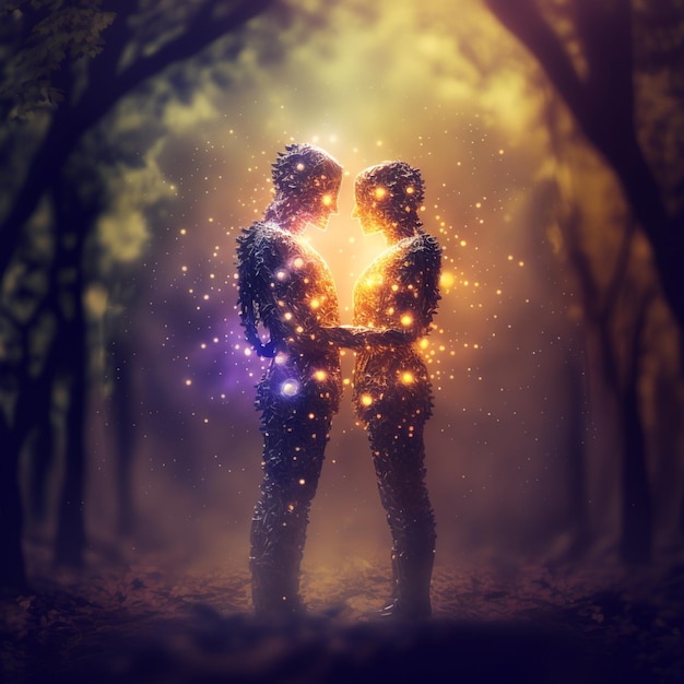 There are two people standing in the woods holding hands generative ai