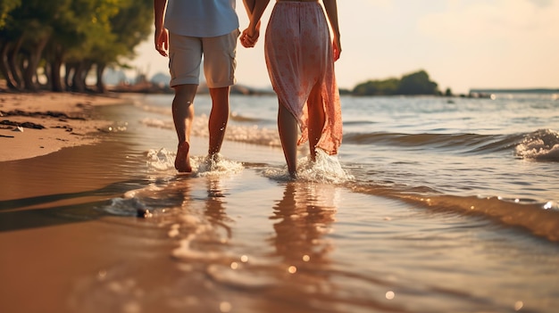 Фото Два человека идут по пляжу, держась за руки, генеративный ии