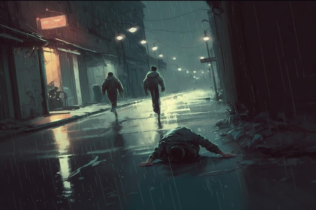 There are two people walking down a street in the rain generative ai