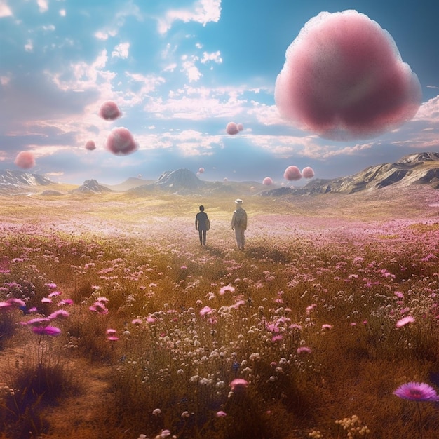 there are two people walking in a field of flowers generative ai