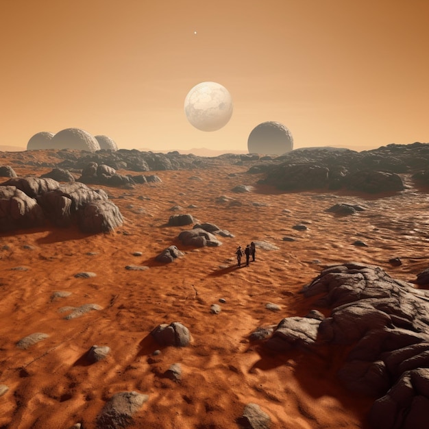 There are two people walking on a red planet with a moon in the background generative ai