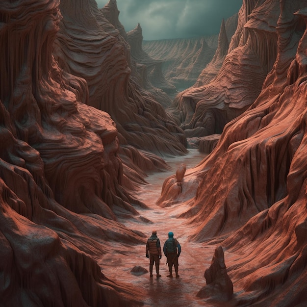 Photo there are two people walking through a canyon in the desert generative ai