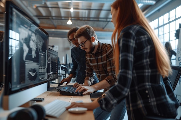 Photo there are two people working on a computer in a large room generative ai