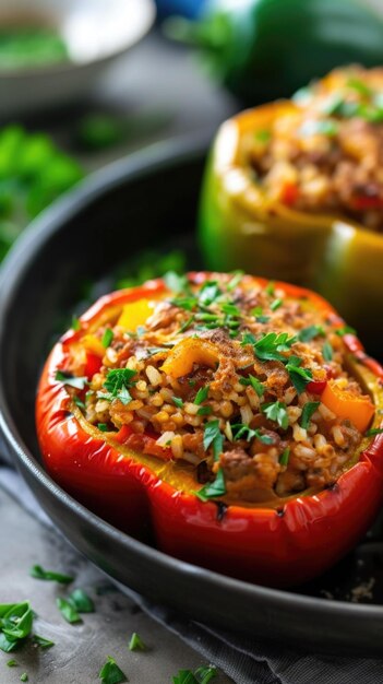 Photo there are two peppers with rice and vegetables in a pan