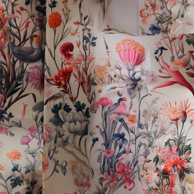 Photo there are two pictures of a bed with a floral print on it generative ai
