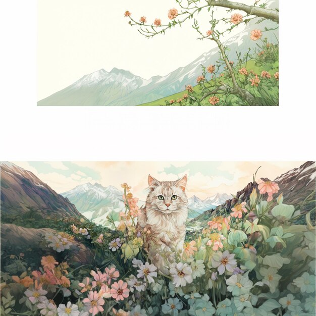 There are two pictures of a cat sitting in a field of flowers generative ai