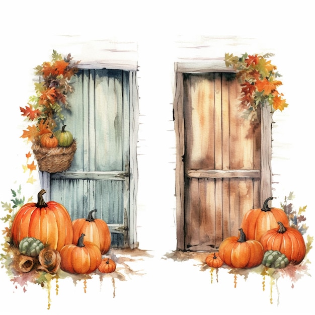 There are two pictures of a door and a bunch of pumpkins generative ai