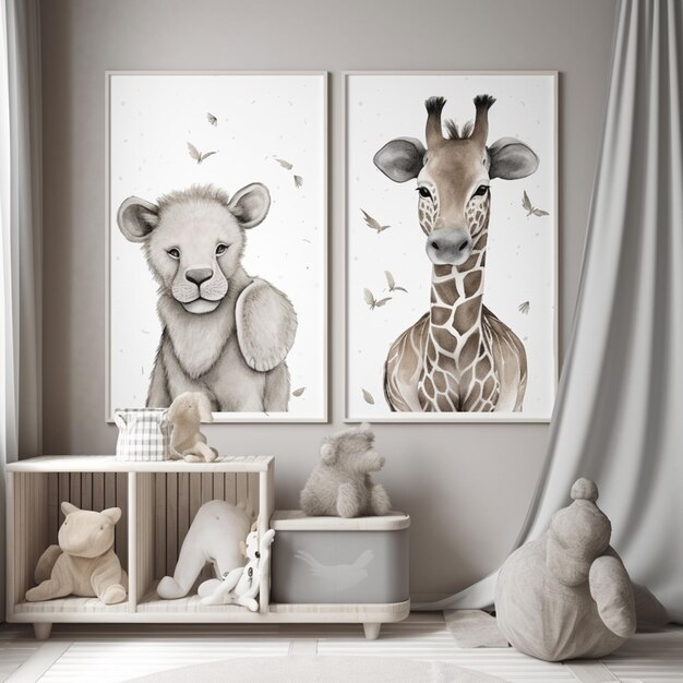 There are two pictures of a giraffe and a lion in a room generative ai