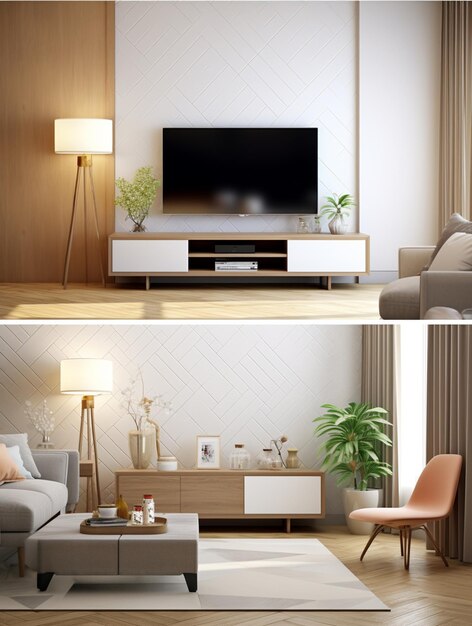 There are two pictures of a living room with a tv and a couch generative ai