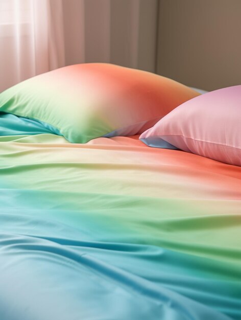 Foto ci sono due cuscini su un letto con una coperta color arcobaleno generativa ai