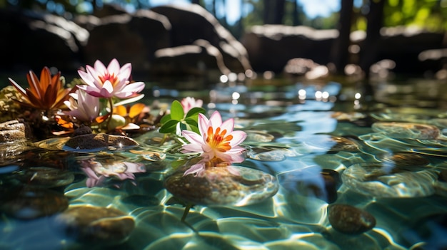 there are two pink flowers floating in a pool of water generative ai