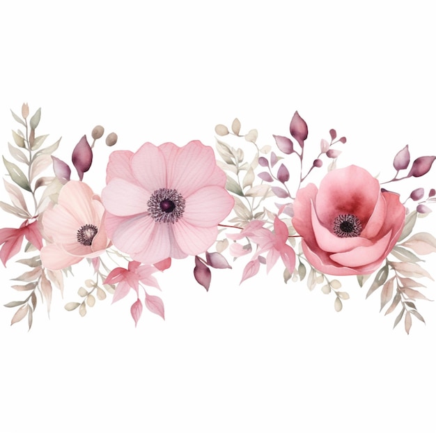 There are two pink flowers and leaves on a white background generative ai