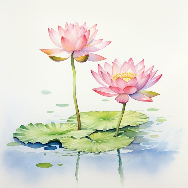 there are two pink flowers that are on a leaf in the water generative ai