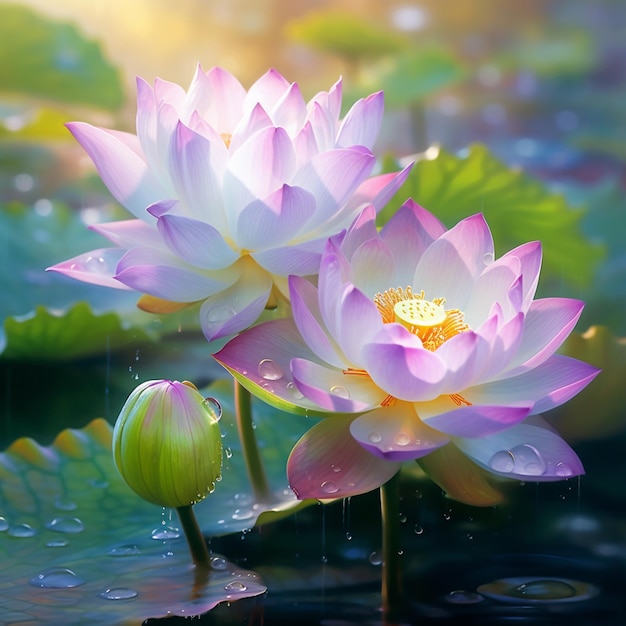 there are two pink flowers that are in the water generative ai