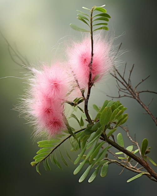 There are two pink flowers on a tree branch with green leaves generative ai