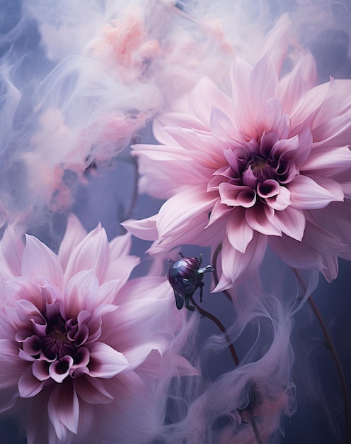 there are two pink flowers in a vase with smoke coming out of it generative ai