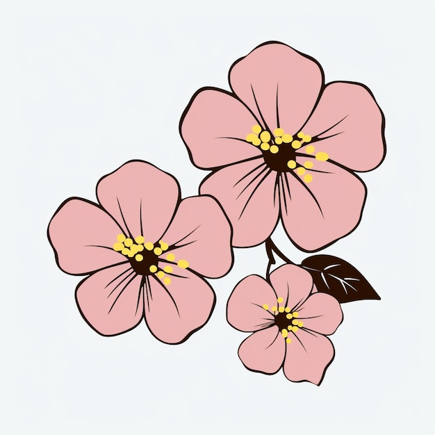 there are two pink flowers with green leaves on a white background generative ai