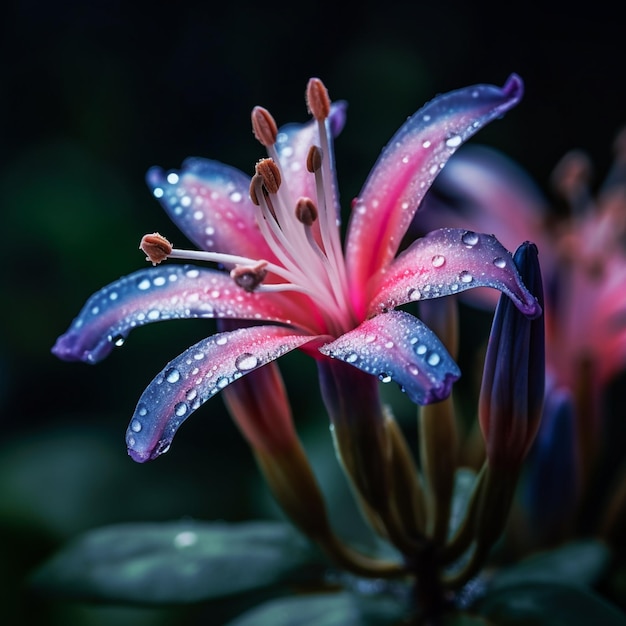 There are two pink flowers with water droplets on them generative ai