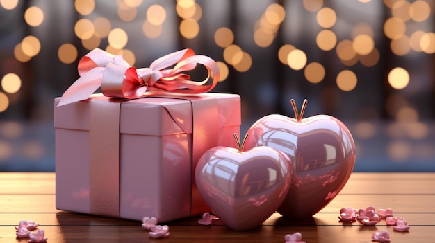 there are two pink hearts and a pink gift box on a table generative ai