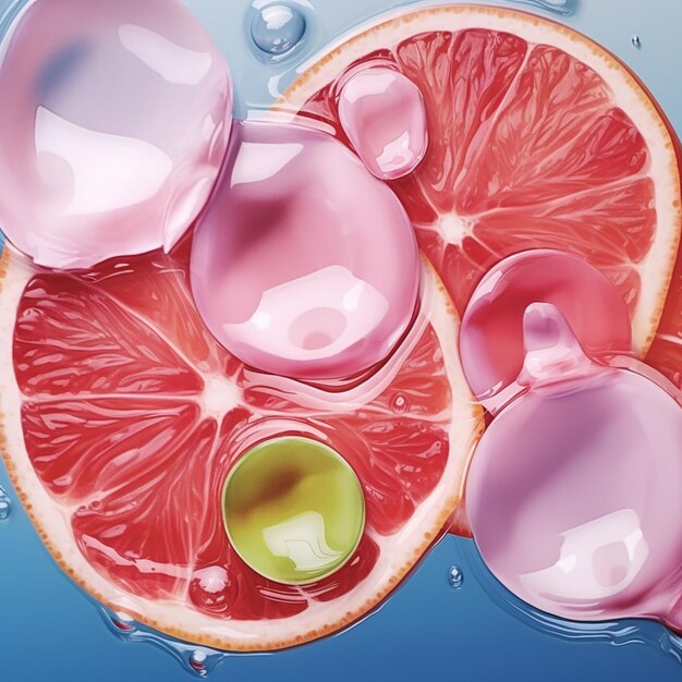 There are two pink and one green cups on a grapefruit generative ai