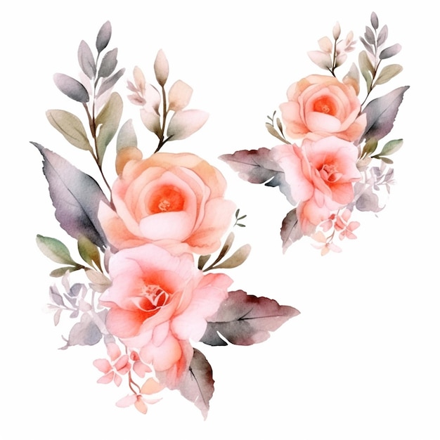 There are two pink roses with green leaves on the stems generative ai