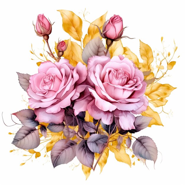 There are two pink roses with green leaves on a white background generative ai