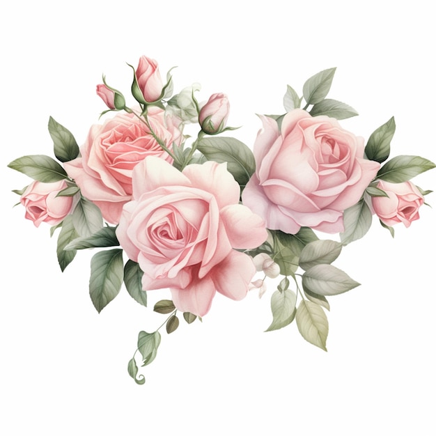 There are two pink roses with green leaves on a white background generative ai