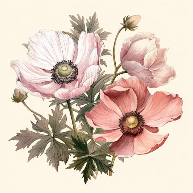 There are two pink and white flowers on a white background generative ai