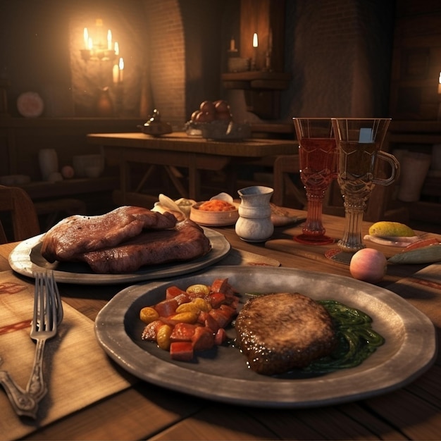 There are two plates of food on a table with a candle generative ai