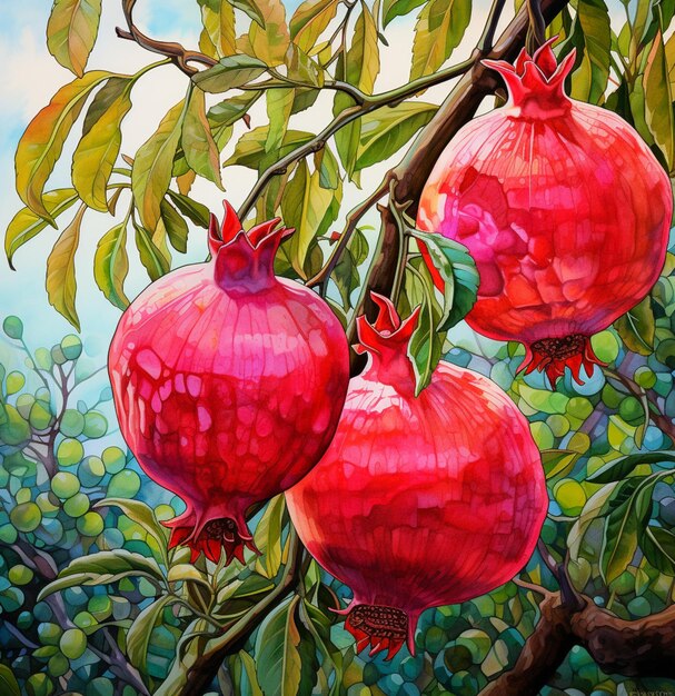 Photo there are two pomegranates hanging from a tree branch generative ai