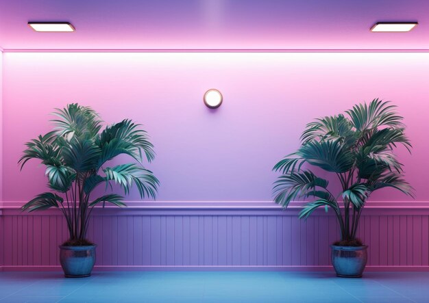 There are two potted plants in front of a wall with a clock generative ai