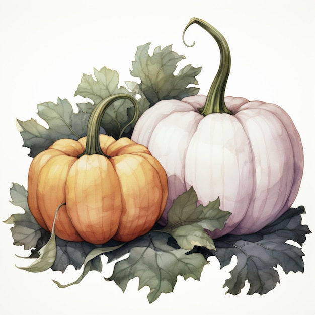 there are two pumpkins and leaves on the ground generative ai