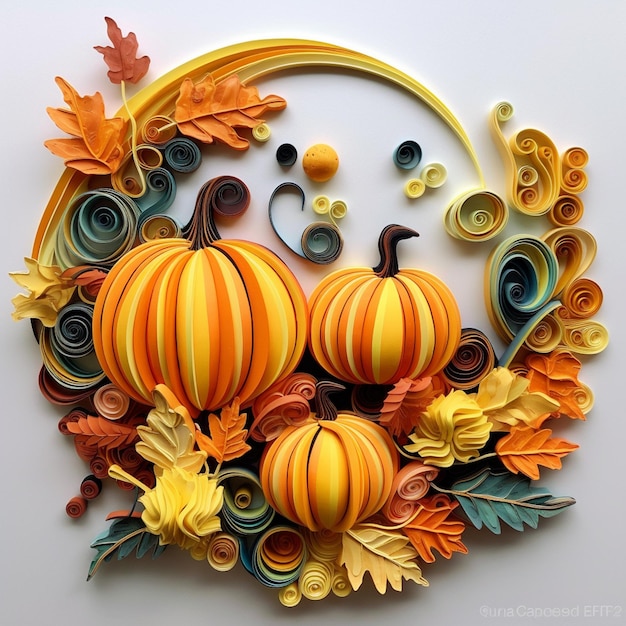 There are two pumpkins and leaves on a paper art generative ai